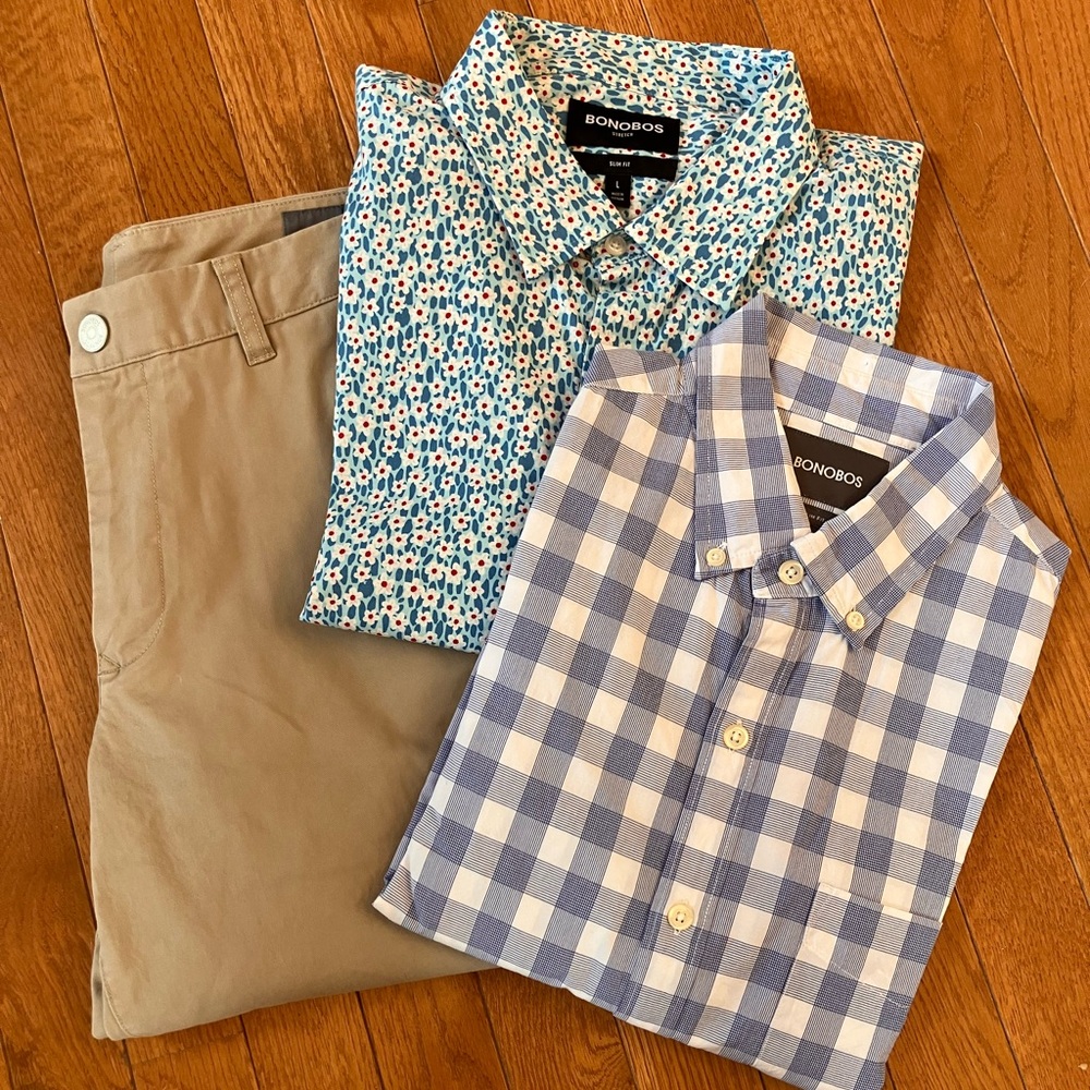 Bonobos set of 3 - chino pants, long sleeve and short sleeve shirts M